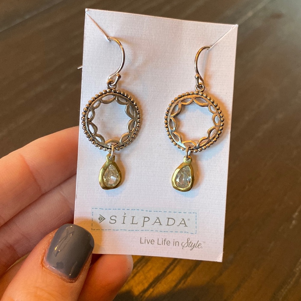 Silpada dangle earrings. Silver filigree with gold tear drops